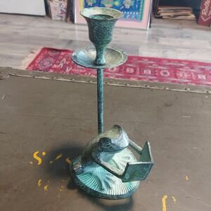 Archana Crafts Verdigris Bronze Frog Reading Book Candlestick Holder India 7in